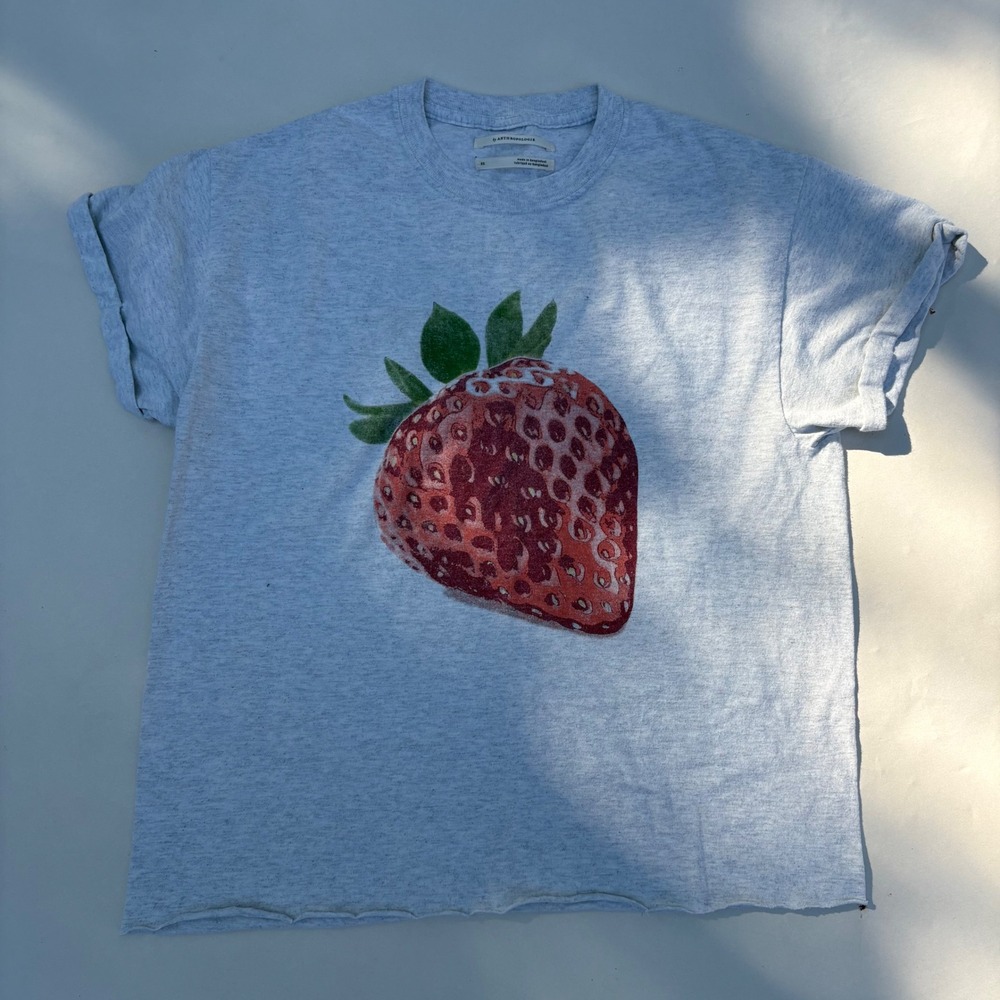 Anthropologie Strawberry Graphic T-Shirt Gray Heather Raw Hem XS Relaxed Fit